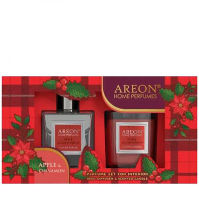 "Areon Home Perfumes" Išskirtinis namų kvapo su lazdelėmis ir žvakės rinkinys Obuolis su cinamonu, 150ml